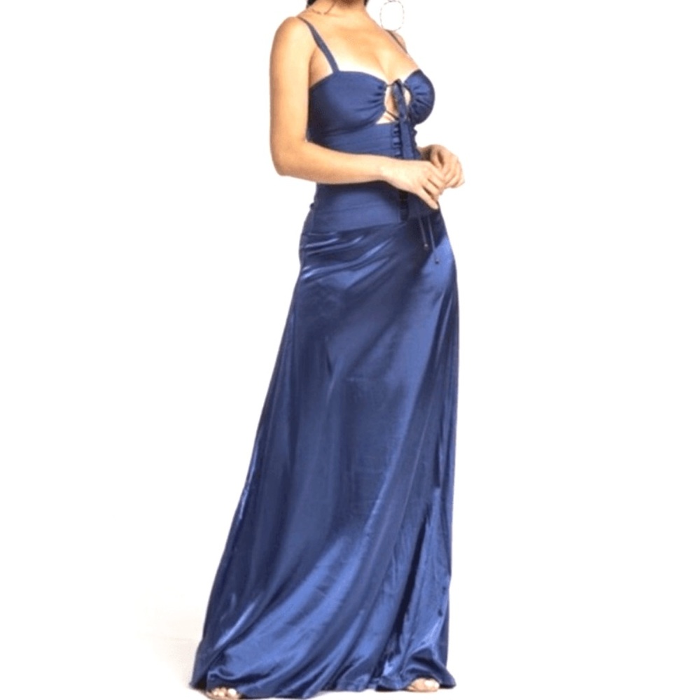 Royal Blue Satin Corset Maxi Dress Lace Up Back Formal Gown NWT